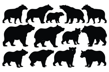 set of various black bear silhouettes on the white background