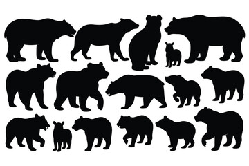 set of various black bear silhouettes on the white background - obrazy, fototapety, plakaty