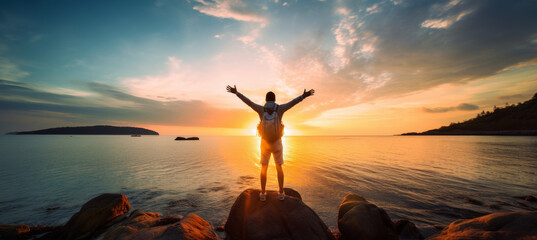Confident man with backpack with arms up relaxing at sunset seaside during a trip , male traveler enjoying freedom in serene nature landscape - Powered by Adobe