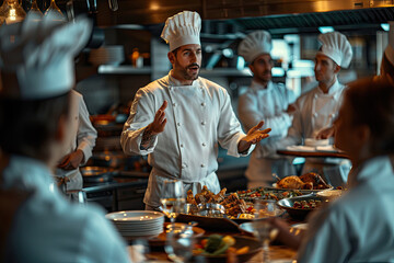 The chef gives instructions to his staff. - obrazy, fototapety, plakaty