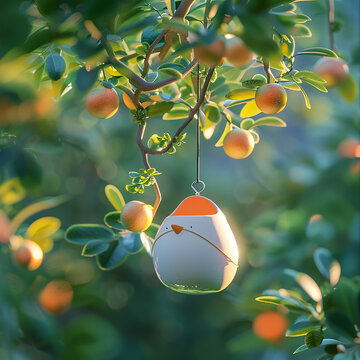 3d rendered photos of milk cartoon bird feeder hanging from a tree branch vibrant color made with generative AI