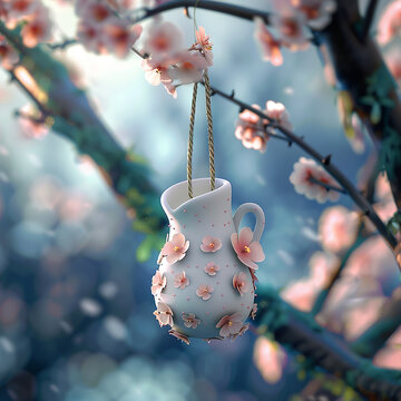 3d rendered photos of milk cartoon bird feeder hanging from a tree branch vibrant color made with generative AI