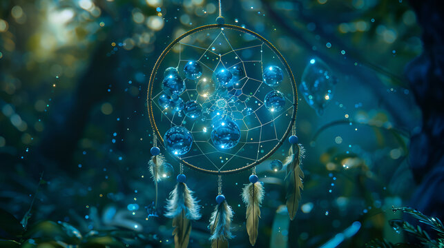 An intricate dreamcatcher is suspended before a network of luminous energy lines and nodes, creating a surreal blend of tradition and digital worlds,Cosmic Dreamcatchers Interwoven with Star Clusters
