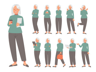 Mature businesswoman in various actions on a white background. Vector illustration in flat style
