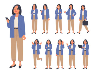 Set of business woman character in various actions on white background. A woman with a phone and a laptop