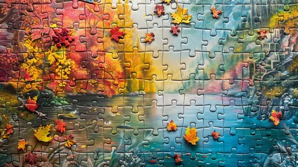 Jigsaw: A colorful jigsaw puzzle depicting a beautiful landscape - obrazy, fototapety, plakaty