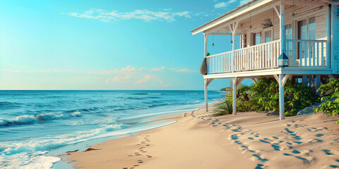 Fototapeta premium Own eco-friendly property family lifestyle and business real estate concept. Construction investment cottage renting loan resort home building on shore. Wooden model house on ocean sea shore beach