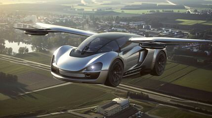 Futuristic flying car flying above rural landscape