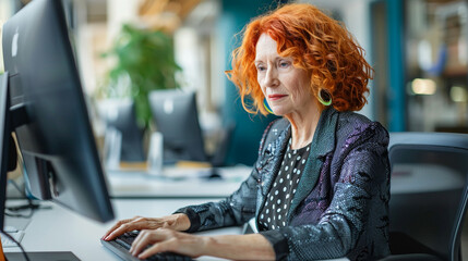 Elderly red-haired businesswoman working at computer in office. Modern aging concept