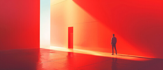 A man stands in front of a red door in a red room