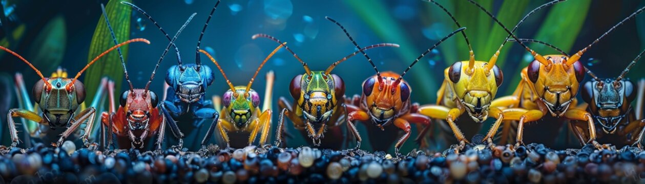 Bring to life the hidden world of insects with a unique perspective, highlighting their intricate behaviors and societal dynamics through a creative wide-angle view