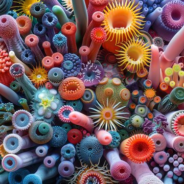 Illustrate the hidden beauty of microbiomes through a unique worms-eye perspective Showcase the diverse organisms and their interactions