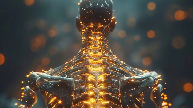 Radiant glow depicting spinal discomfort in a skeletal render