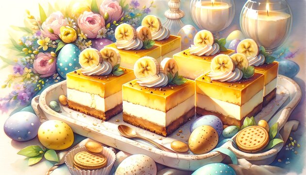 Watercolor Painting of Banana Pudding Cheesecake Bars, in an Easter Day Theme