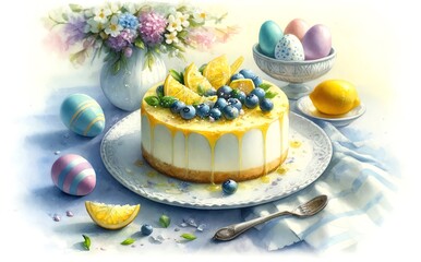 Obraz na płótnie Canvas Watercolor Painting of Lemon Blueberry Cheesecake, in an Easter Day Theme
