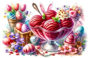 Fototapeta na wymiar Watercolor Painting of Red Velvet Ice Cream, in an Easter Day Theme