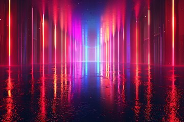 Gloomy fluorescent backdrop with beams and stripes. Reflection of evening scenery in liquid fluorescent glow. Obscure abstract setting with vertical stripes. 3d rendering. - obrazy, fototapety, plakaty