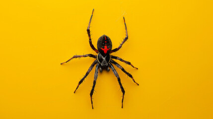 Redback spider on a yellow background. Dangerous insect. - obrazy, fototapety, plakaty