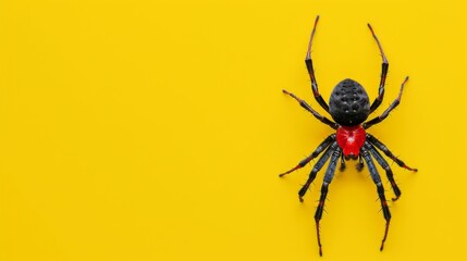 Redback spider on a yellow background. Dangerous insect. - obrazy, fototapety, plakaty
