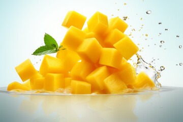 mango cubes in the air. falling, flying pieces of fruit with leaves and a splash of juice....