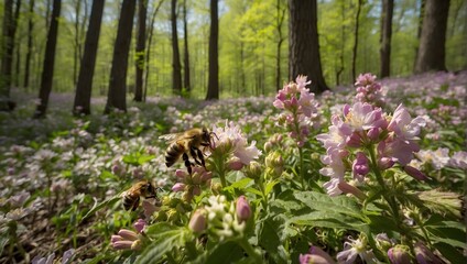 The soft hum of bees busy at work, pollinating the myriad of flowers that blanket the forest floor in spring Generative AI