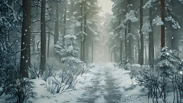 Beautiful forest road in the snowfall