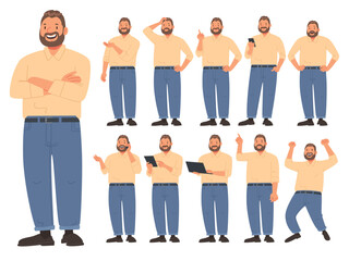 Bearded friendly stocky man in various activities on a white background. The guy uses gadgets - obrazy, fototapety, plakaty