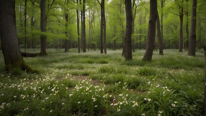 The sweet scent of blooming wildflowers mingling with the earthy aroma of the damp forest floor in early spring  Generative AI - obrazy, fototapety, plakaty