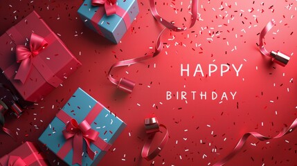 roter Geburtstagsfeier Hintergrund mit dem Text "Happy Birthday" mit Geschenken und Konfetti

