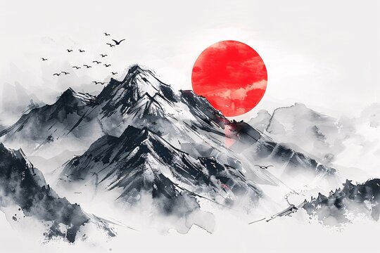 Hand-drawn mountains and red sun in traditional Japanese sumi-e style with hieroglyphs representing wellness, liberty, and joy.