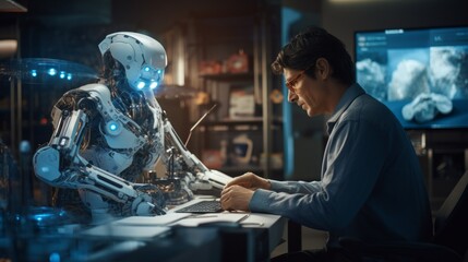A man, an electronics engineer, is working on creating robots in a technology laboratory. Computer research, Science, Evolution, The Future, Production concepts.