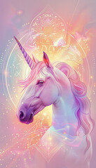 Color-changing backdrop, unicorn at the center, hyperrealistic Arabic elements, minimal noise, with
