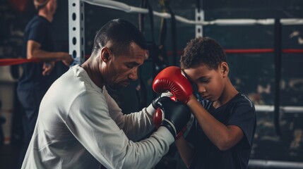 A youthful boxer getting ready for training with the assistance of a coach, showcasing the athletic and combat nature of the sport.