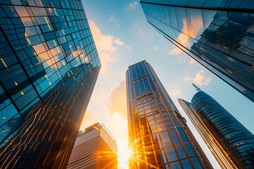 Sunset illuminates glass skyscrapers, reflecting the vibrant city life and modern architecture against a clear sky..