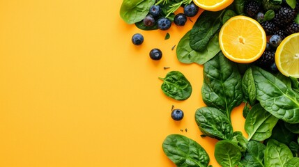 photo of a fresh and healthy food banner background with bergamot berries spinach, Generative AI - obrazy, fototapety, plakaty