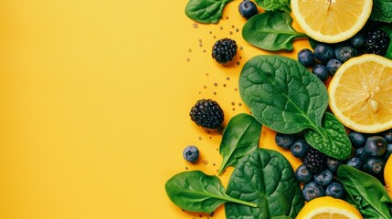 photo of a fresh and healthy food banner background with bergamot berries spinach, Generative AI - obrazy, fototapety, plakaty