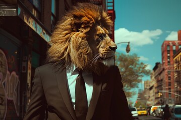 a lion wearing a business suit walking in the streets, animal themes, Generative AI