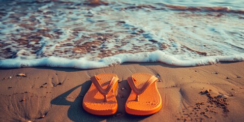 Close-up of pair of orange flip flops on  sand beach with blue sea background. - obrazy, fototapety, plakaty