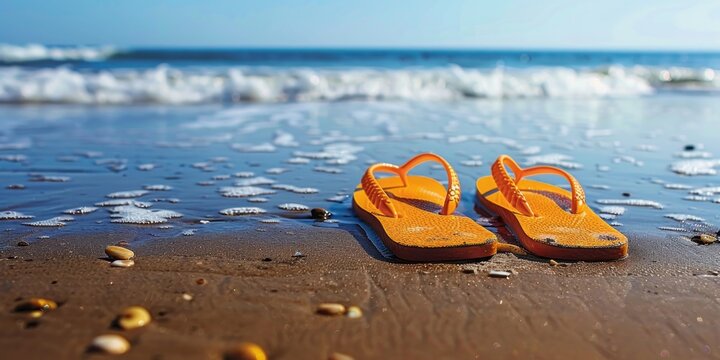 Close-up of pair of orange flip flops on  sand beach with blue sea background.