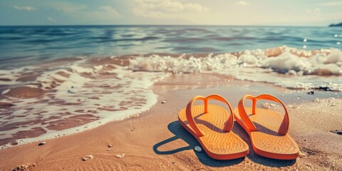 Close-up of pair of orange flip flops on  sand beach with blue sea background. - obrazy, fototapety, plakaty