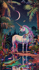 In the heart of an oasis, a unicorn with color-changing mane drinks alongside a gecko in intricate Arabic attire
