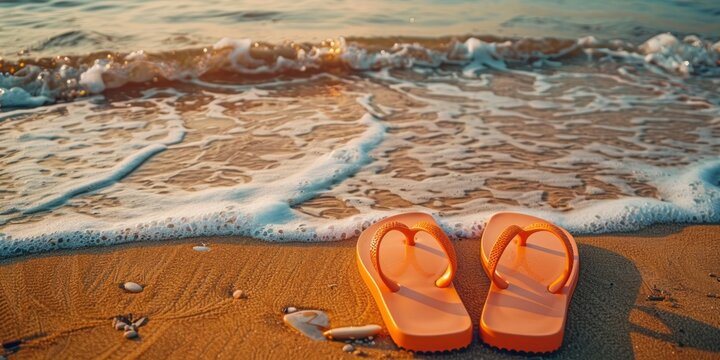 Close-up of pair of orange flip flops on  sand beach with blue sea background.