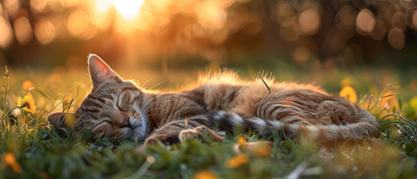 A cute red cat sleeps on the green grass against the backdrop of the setting sun.