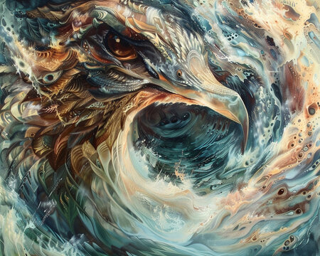 Under the gaze of the Argentavis, beside the tempest of Tiamat, a frame waits. The artist's eye, hyperealistic, captures the essence, Datamoshing Shot revealing the unseen.