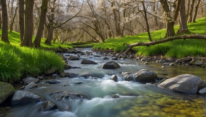 Obraz premium The serene melody of a babbling brook, its banks adorned with the fresh green of spring's first grass Generative AI