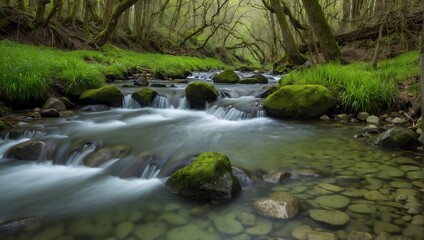 Fototapeta na wymiar The serene melody of a babbling brook, its banks adorned with the fresh green of spring's first grass Generative AI