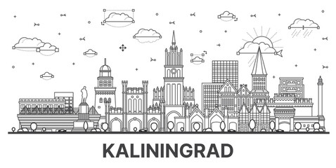 Outline Kaliningrad Russia city skyline with modern and historic buildings isolated on white. Kaliningrad cityscape with landmarks. - 772001103