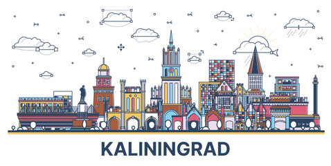 Outline Kaliningrad Russia city skyline with colored modern and historic buildings isolated on white. Kaliningrad cityscape with landmarks.