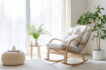 Bright living room in boho style: rocking chair in fashion, frame on a gray wall. Modern interior design