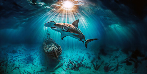 Hammerhead shark swimming underwater near an old pirate shipwreck